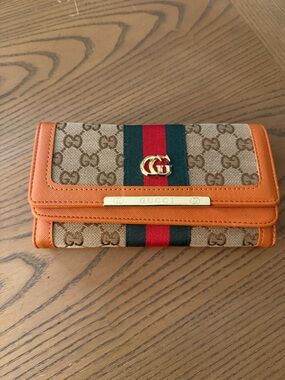 GG Orange Trim Signature GG Canvas Wallet with Web Stripe
